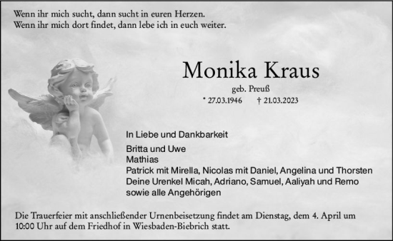 Traueranzeige von Monika Kraus von Wiesbadener Kurier
