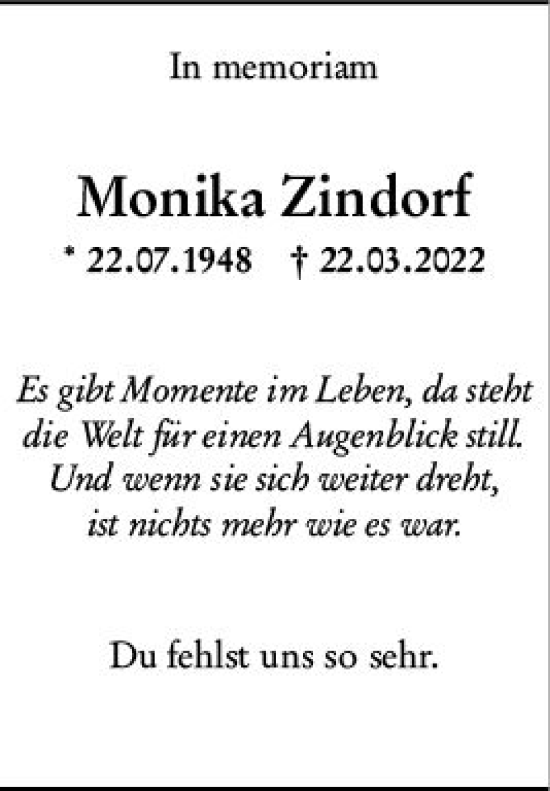 Traueranzeige von Monika Zindorf von Allgemeine Zeitung Mainz