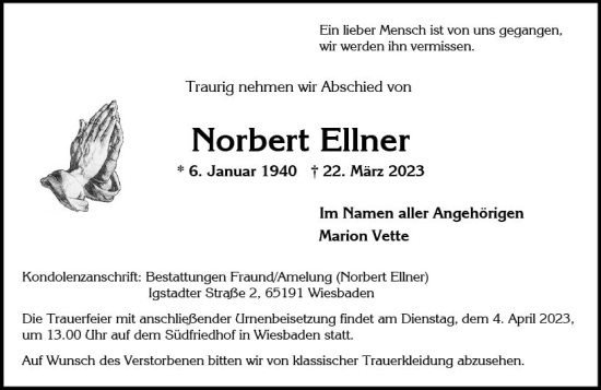 Traueranzeige von Norbert Ellner von Wiesbadener Kurier