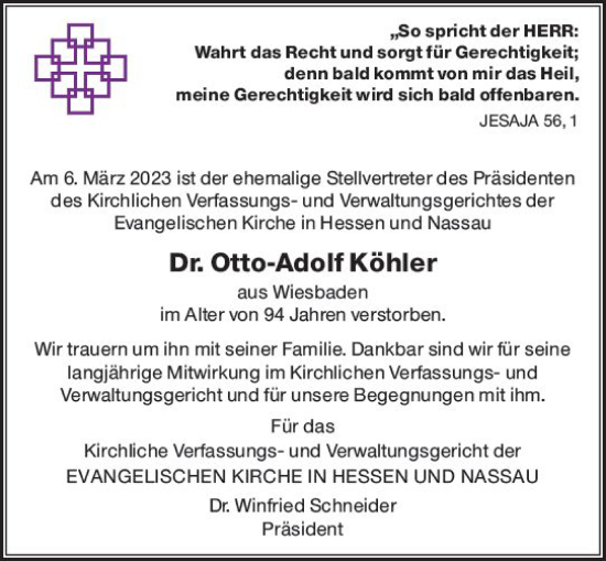 Traueranzeige von Otto-Adolf Köhler von Wiesbadener Kurier