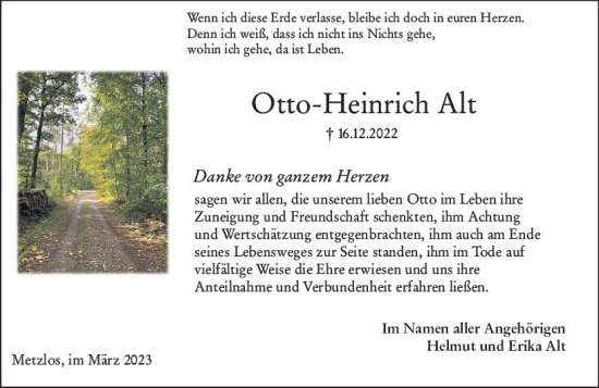 Traueranzeige von Otto-Heinrich Alt von Oberhessen Kurier