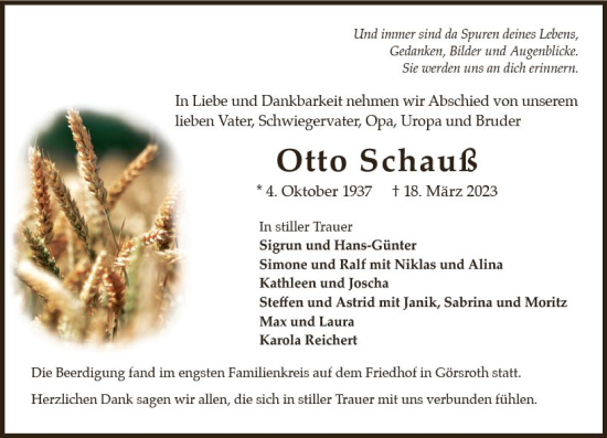 Traueranzeige von Otto Schauß von Idsteiner Land/Untertaunus