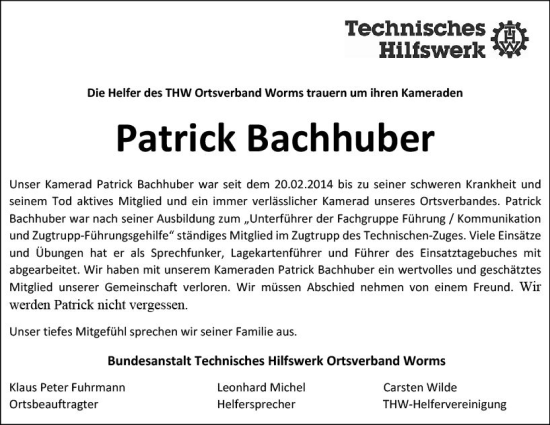 Traueranzeige von Patrick Bachhuber von Wormser Zeitung