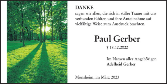 Traueranzeige von Paul Gerber von Wormser Zeitung