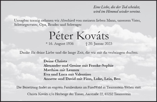 Traueranzeige von Peter Kovats von Wiesbadener Kurier
