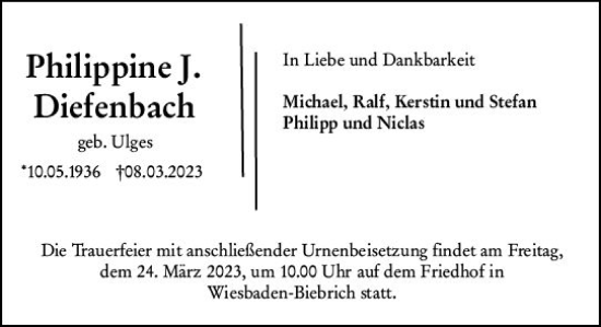 Traueranzeige von Philippine J. Diefenbach von Wiesbadener Kurier