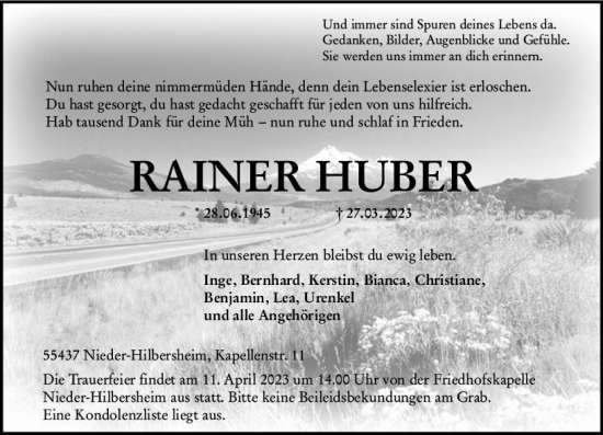 Traueranzeige von Rainer Huber von Allgemeine Zeitung Bingen/Ingelheim