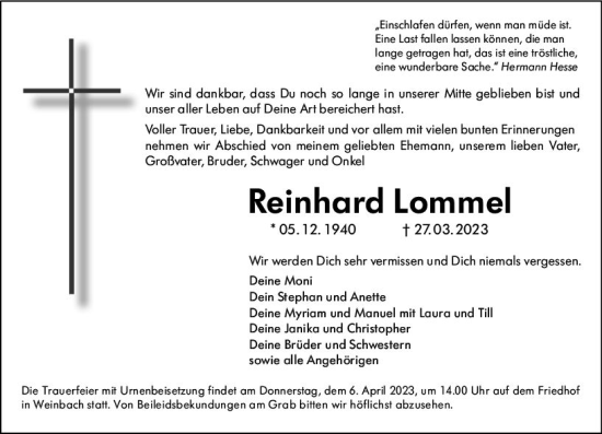 Traueranzeige von Reinhard Lommel von Weilburger Tageblatt