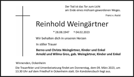 Traueranzeige von Reinhold Weingärtner von Allgemeine Zeitung Bingen/Ingelheim
