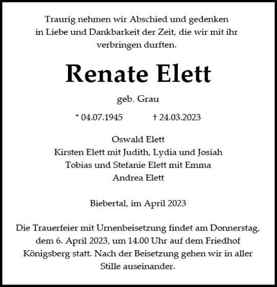 Traueranzeige von Renate Elett von Wetzlarer Neue Zeitung