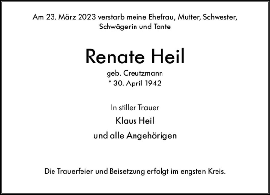 Traueranzeige von Renate Heil von Wiesbadener Kurier