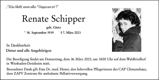 Traueranzeige von Renate Schipper von Wiesbadener Kurier