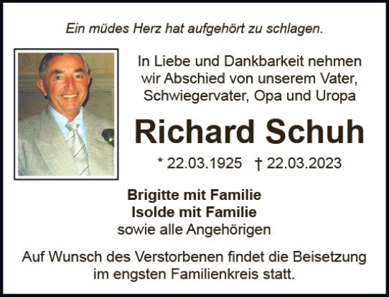 Traueranzeige von Richard Schuh von Wiesbadener Kurier