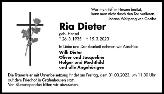 Traueranzeige von Rio Dieter von Darmstädter Echo