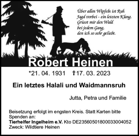 Traueranzeige von Robert Heinen von Bingen/Ingelheim WOBL inkl. Neue Binger Ztg.