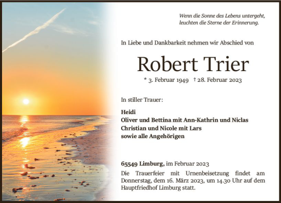 Traueranzeige von Robert Trier von Nassauische Neue Presse