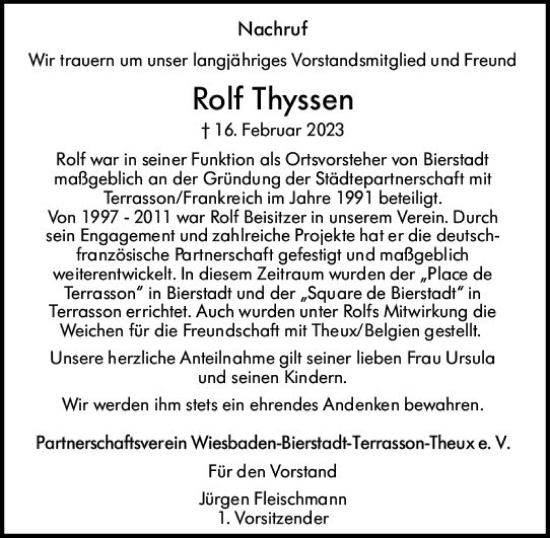 Traueranzeige von Rolf Thyssen von Wiesbadener Kurier