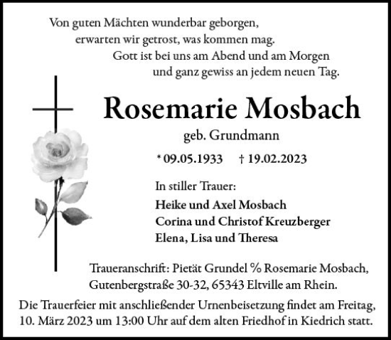 Traueranzeige von Rosemarie Mosbach von Wiesbadener Kurier