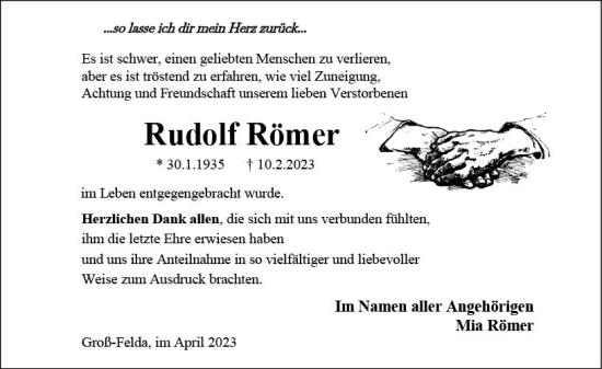 Traueranzeige von Rudolf Römer von Oberhessen Kurier
