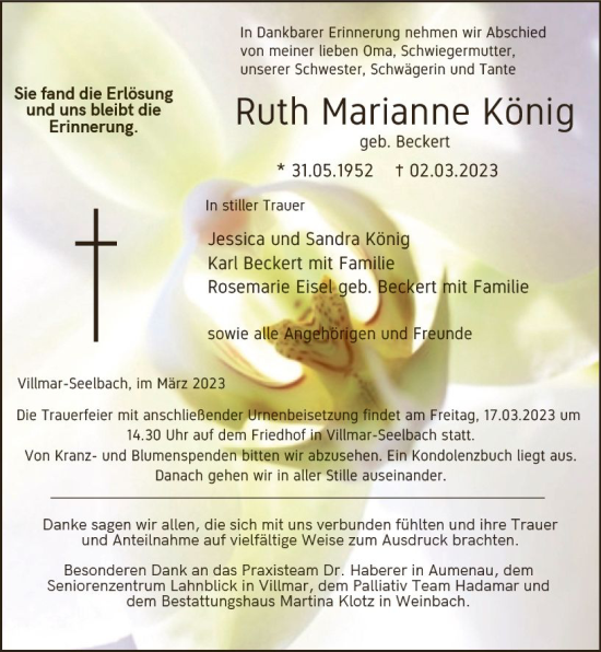 Traueranzeige von Ruth Marianne König von Weilburger Tageblatt