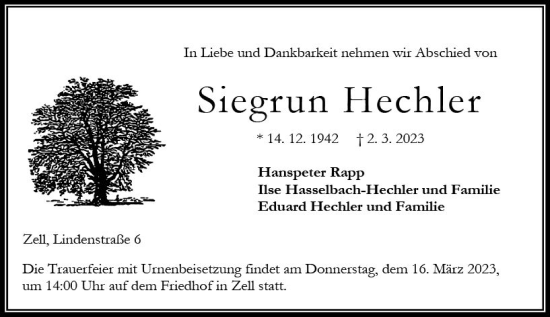 Traueranzeige von Siegrun Hechler von Oberhessen Kurier