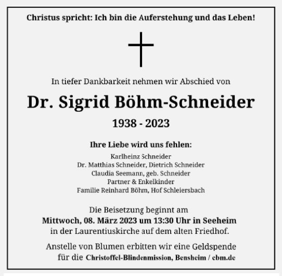 Traueranzeige von Sigrid Böhm-Schneider von Darmstädter Echo
