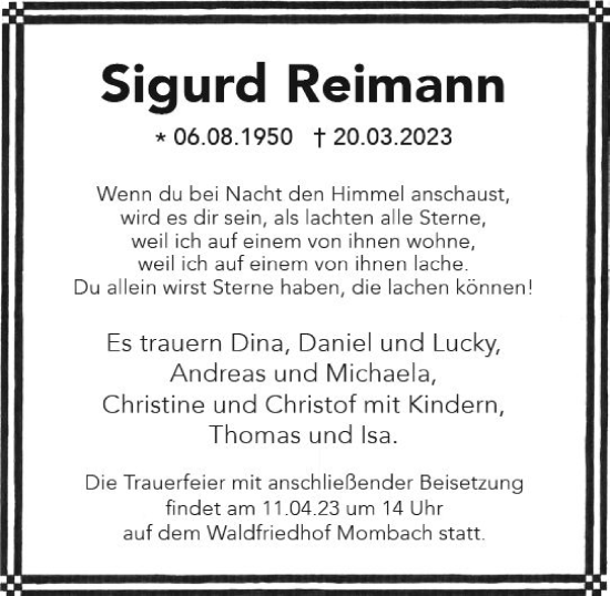 Traueranzeige von Sigurd Reimann von Allgemeine Zeitung Mainz