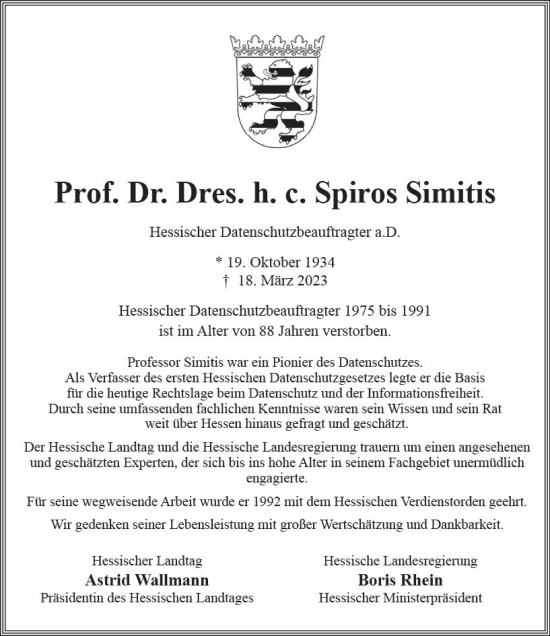 Traueranzeige von Spiros Simitis von Wiesbadener Kurier