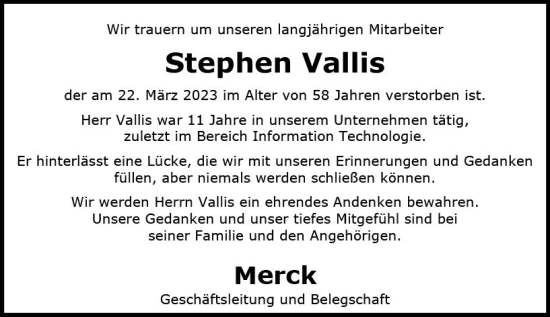 Traueranzeige von Stephen Vallis von Darmstädter Echo