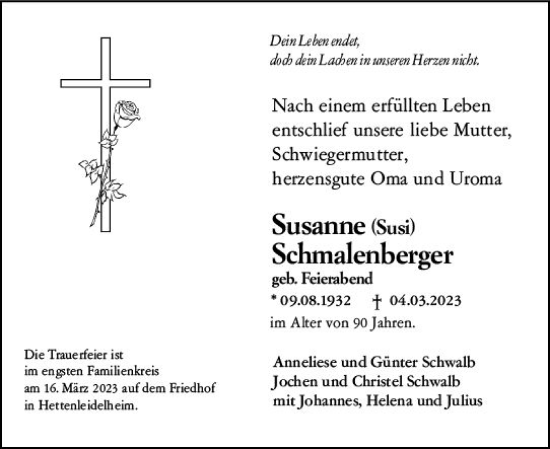 Traueranzeige von Susanne Schmalenberger von Wormser Zeitung