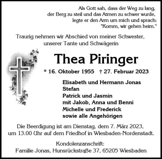 Traueranzeige von Thea Piringer von Wiesbadener Kurier