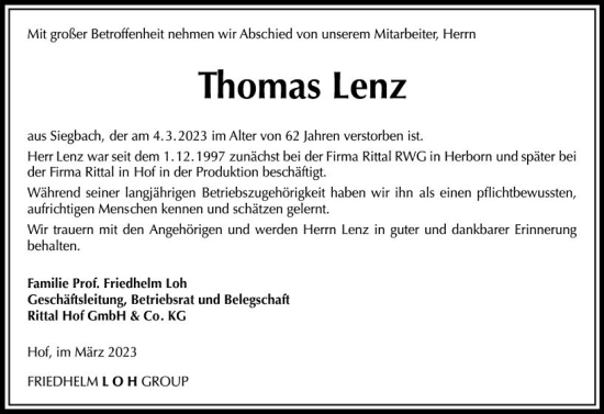 Traueranzeige von Thomas Lenz von Dill Block