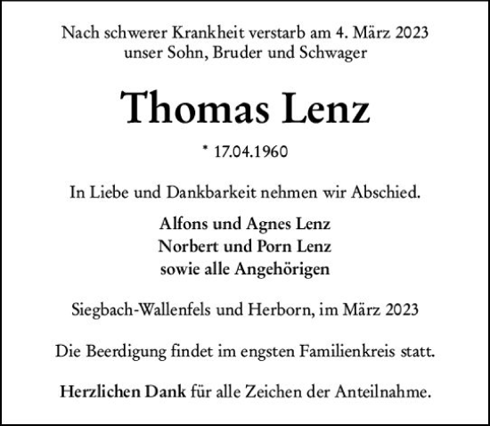 Traueranzeige von Thomas Lenz von Dill Block
