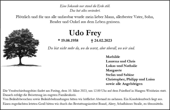 Traueranzeige von Udo Frey von Allgemeine Zeitung Alzey