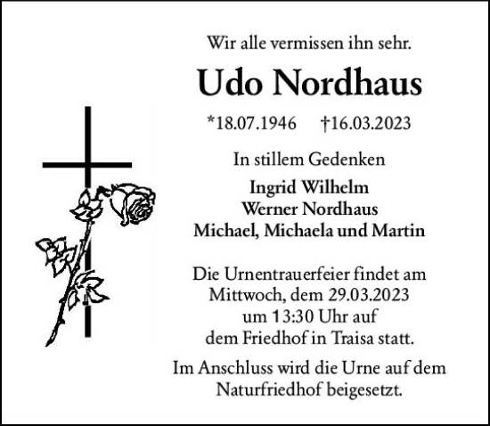 Traueranzeige von Udo Nordhaus von Darmstädter Echo