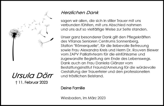Traueranzeige von Ursula Dörr von Wiesbadener Kurier