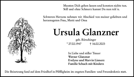 Traueranzeige von Ursula Glanzner von Wormser Zeitung