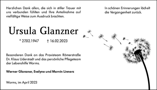 Traueranzeige von Ursula Glanzner von Wormser Zeitung