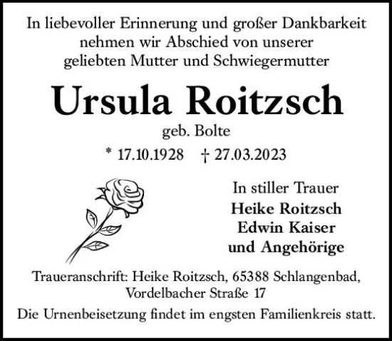 Traueranzeige von Ursula Roitzsch von Wiesbadener Kurier