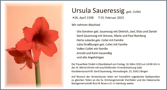 Traueranzeige von Ursula Saueressig von Allgemeine Zeitung Bingen/Ingelheim