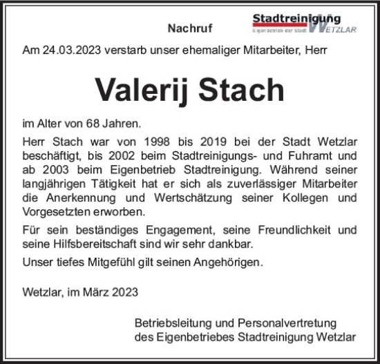 Traueranzeige von Valerij Stach von Wetzlarer Neue Zeitung