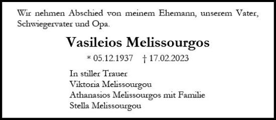 Traueranzeige von Vasileios Melissourgos von Allgemeine Zeitung Mainz