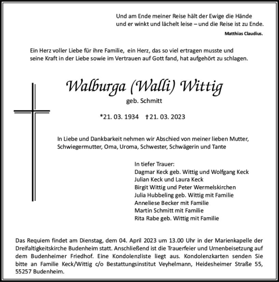 Traueranzeige von Walburga Wittig von Allgemeine Zeitung Mainz