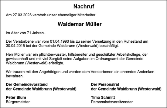 Traueranzeige von Waldemar Müller von Nassauische Neue Presse