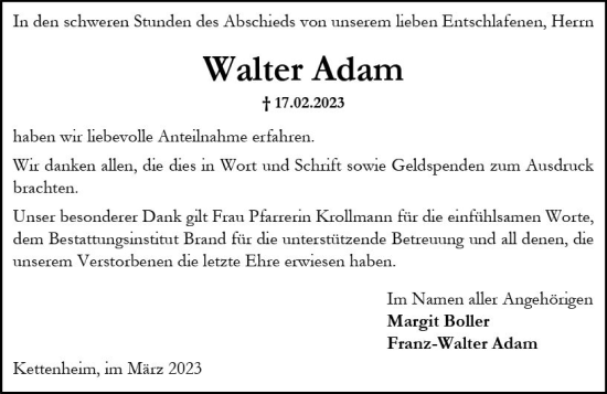 Traueranzeige von Walter Adam von Allgemeine Zeitung Alzey