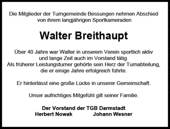 Traueranzeige von Walter Breithaupt von Darmstädter Echo