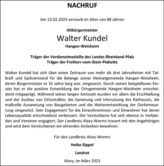 Traueranzeige von Walter Kundel von Allgemeine Zeitung Alzey