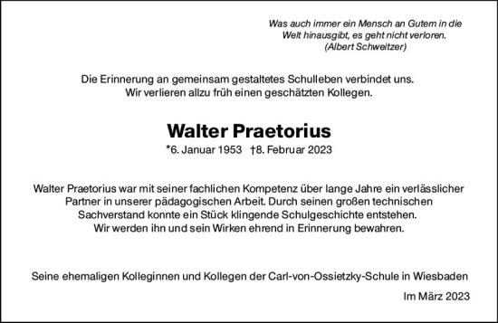 Traueranzeige von Walter Praetorius von Wiesbadener Kurier