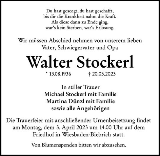 Traueranzeige von Walter Stockerl von Wiesbadener Kurier