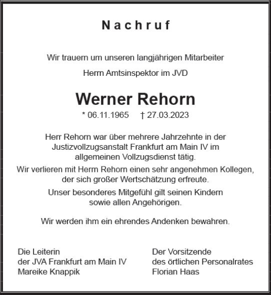 Traueranzeige von Werner Rehorn von Wetzlarer Neue Zeitung